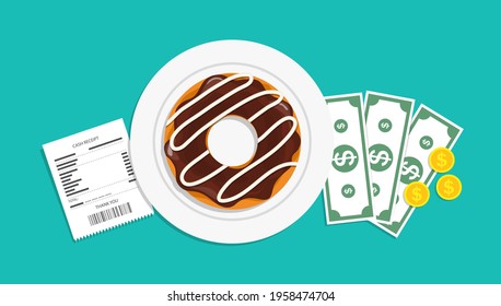 Tip And Bill Of Money In Restaurant. Plate With Donut, Receipt And Payment. Cheque From Waiter And Paying From Customer With Tips. Meal In Cafe. Lunch With Invoice On Table For Cafeteria. Vector.