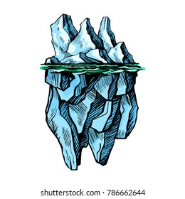 The tip of the iceberg is above the water and most of it is underwater. Vector color sketch.