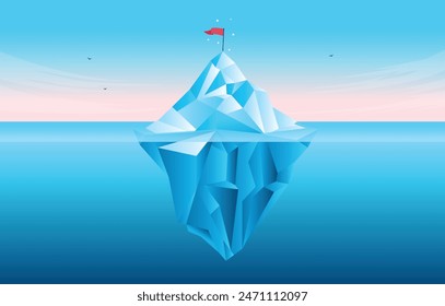 Tip of the iceberg concept - Big ice mountain with flag on top in calm blue sea showing both under and above water level. Flat design vector illustration