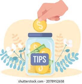 Tip jar 2D vector isolated illustration. Giving money to charity. Dropping coin as contribution. Financial contribution flat scene on cartoon background. Aid with budget colourful scene