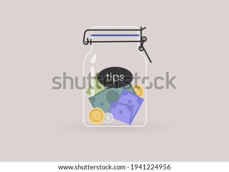 A tip jar full of coins and paper money, a restaurant etiquette