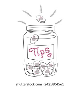 Tip Jar with love coins vector illustration. Tip jar line drawing. Saving jar sign.