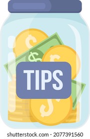 Tip jar semi flat color vector object. Coins and dollars in container. Realistic item on white. Money donations in glass isolated modern cartoon style illustration for graphic design and animation