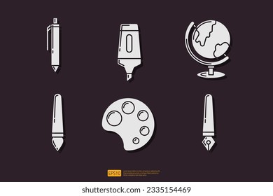 Tip marker, school globe, mechanical pencil, brush paint, painting color palette, ink pen. School or office stationery glyph icon set. Vector Collection Illustration