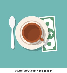 Tip On Restaurant Table. Money For Services. Gratuity Icon Concept. Cup Of Coffee, Spoon, Dollar, Plate Saucer. Thanks To Waiter. Tipping Welcome Template. Vector Flat Design. Isolated On Background.