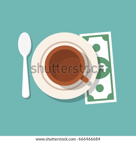Tip on restaurant table. Money for services. Gratuity icon concept. Cup of coffee, spoon, dollar, plate saucer. Thanks to waiter. Tipping welcome template. Vector flat design. Isolated on background.
