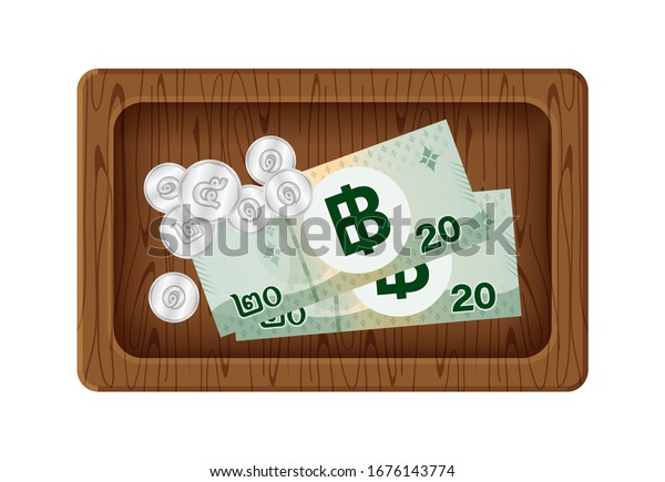 tip paying, banknote money 20 baht thai and token\
coin on wood tray, money with giving tip concept, banknote and coin\
money wooden plate isolated on white, money baht on for give thanks\
service mind
