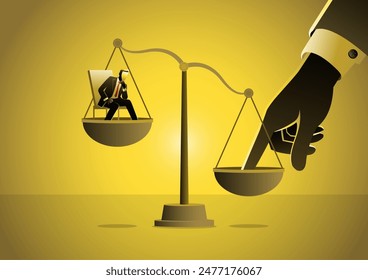 Tip the scales of justice concept. Finger illegaly influencing the legal system for an unfair advantage