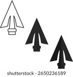 The tip of a spear or a peak of a realistic shape in three versions, a line and two silhouettes in black colors, the tip of a peak is a symbol of a warrior.