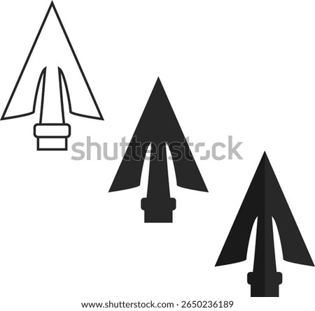 The tip of a spear or a peak of a realistic shape in three versions, a line and two silhouettes in black colors, the tip of a peak is a symbol of a warrior.
