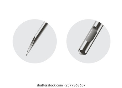 Tip of a Stainless Needle and Cannula tube in the gray circle. Part of medical equipment that difference kind. Aesthetic and doctor used to injection, piercing skin, cut tissue and treatment.