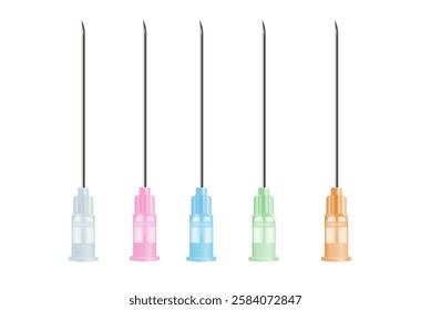 Tip of a Stainless Needle tube many color isolated on white. Geen, white, orange, pink, blue. Part of medical equipment. Aesthetic and doctor used to injection, piercing skin, cut tissue and treatment