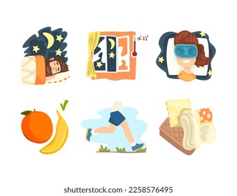 Tip or Trick for Healthy Sleep with Vitaminic Food, Run, Temperature and Night Mask Vector Set