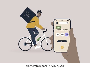 Tip your courier mobile app interface, a young male Black character riding a bike, a delivery service