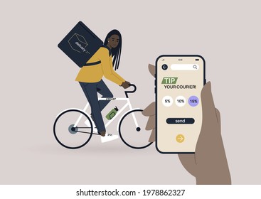 Tip your courier mobile app interface, a young female Black character riding a bike, a delivery service