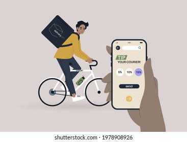 Tip your courier mobile app interface, a young male character riding a bike, a delivery service