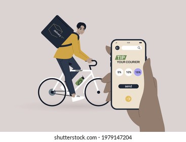 Tip your courier mobile app interface, a young male Asian character riding a bike, a delivery service