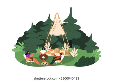Camping de Tipi. Amigos rodean el fuego, relajándose en la naturaleza en la tepee. La gente habla en el salón al aire libre, en el camping. Turistas en vacaciones de verano. Ilustración vectorial gráfica plana aislada en fondo blanco