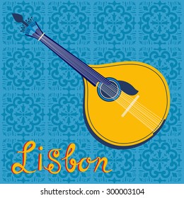 Tipical portuguese fado guitar over Lisbon map and azulejo tiles background. vector illustration