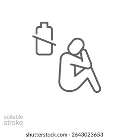 Tipped battery icon outline style. A person sitting with slouched posture and tilted battery symbol representing burnout, exhaustion, energy imbalance, or collapse. Thin line editable stroke
