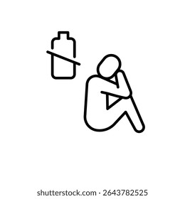 Tipped battery icon outline style. A person sitting with slouched posture and tilted battery symbol representing burnout, exhaustion, energy imbalance, or collapse. Thin line