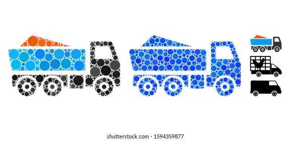 Tipper composition of round dots in different sizes and shades, based on tipper icon. Vector round dots are organized into blue composition. Dotted tipper icon in usual and blue versions.