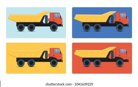 Tipper. Heavy automotive technology used in construction on a white background. A set of icons on different colors.