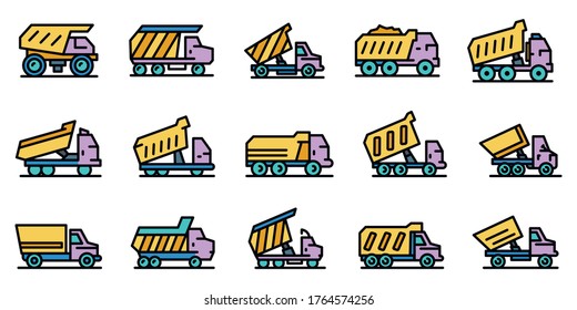 Tipper icons set. Outline set of tipper vector icons thin line color flat isolated on white