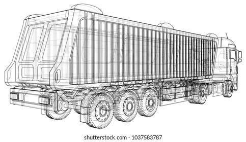 Tipper lorry on transparent background, logistics transportation and cargo freight transport industrial business commercial concept wire-frame. Created illustration of 3d