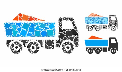 Tipper mosaic of abrupt items in various sizes and color hues, based on tipper icon. Vector irregular items are grouped into collage. Tipper icons collage with dotted pattern.