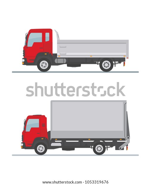 Tipper truck and\
delivery truck  isolated on white background. Side view. Flat\
style, vector illustration. \
