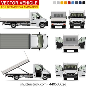 Tipper truck.  Doors can be opened, colors can be changed, the elements are in the separate layers. I'd recommend to rasterize each vector layer before exporting the file to PSD format.