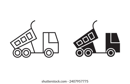 Tipper truck flat line icon set. load unloading hopper carrier dumper Thin line illustration vector
