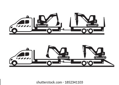 Tipper truck moves mini construction machinery - vector illustration