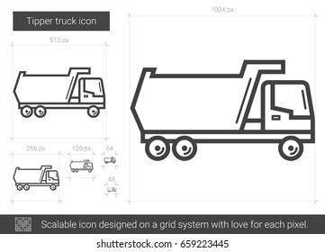Icono de la línea vectorial del camión de canalización aislado en fondo blanco. Icono de la línea del camión Tipper para infografía, sitio web o aplicación. Icono escalable diseñado en un sistema de cuadrícula.