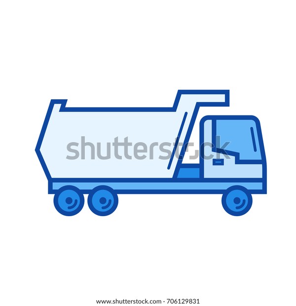 Tipper truck vector line icon isolated on\
white background. Tipper truck line icon for infographic, website\
or app. Blue icon designed on a grid\
system.