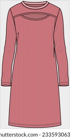 VESTIDO DE KNIT RIBBED DETAIL DE LA TRIPULACIÓN DE TIPIFICACIÓN CON PATRONECIMIENTO DE COCHE CORTADO PARA MUJERES ADOLESCENTES Y NIÑAS EN ARCHIVO EDITABLE