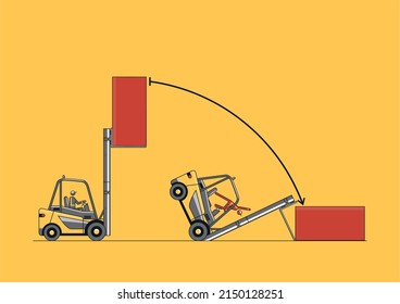 Accidente de elevación de horquilla. Diseño vectorial de línea plana de carretilla elevadora con el operador y la carga.