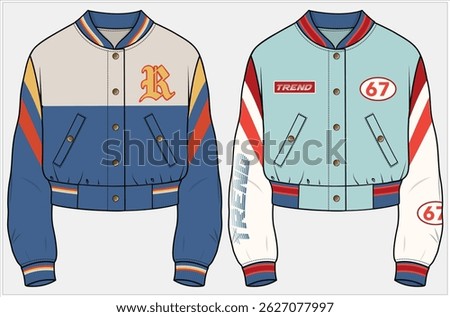 TIPPING RIBBED CROPPED BOMBER JACKET WITH WELT POCKET AND BADGES DETAIL DESIGNED FOR WOMEN, MEN, YOUNG WOMEN, YOUNG MEN, TEEN BOYS, TEEN GIRLS AND UNISEX IN VECTOR ILLUSTRATION FILE