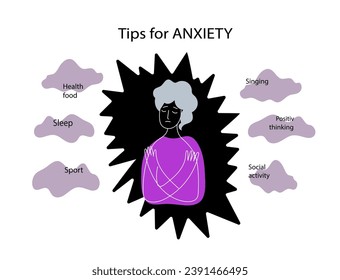 Tips for anxiety. Elderly Woman with anxiety disorder. Mental health concept. Vector doodle line illustration.