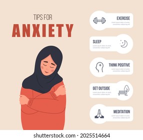 Tips For Anxiety. Happy Arab Woman Hugging Herself. Mental Health Concept. Infographic Of Psychology Help. Mood Disorder. Vector Illustration In Flat Cartoon Style.