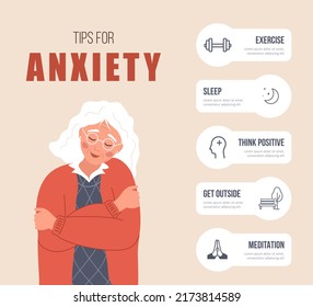 Consejos para la ansiedad. Feliz mujer mayor abrazándose. Concepto de salud mental. Infografía de la ayuda psicológica. Trastorno de la sangre. Ilustración vectorial al estilo de las caricaturas planas.