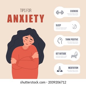 Tips For Anxiety. Happy Woman Hugging Herself. Mental Health Concept. Infographic Of Psychology Help. Mood Disorder. Vector Illustration In Flat Cartoon Style.