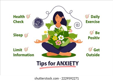 Tips for anxiety management. Self care concept. Happy woman love herself. Psychology help. Vector illustration.