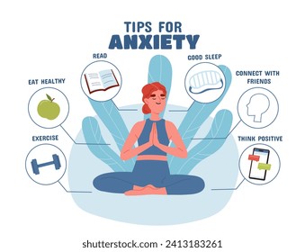 Tips for anxiety. Medical infographics and educational materials. Healthy lifestyle. Good eat and sleep, communication with friends and sports, read. Cartoon flat vector illustration