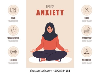 Tips For Anxiety. Mental Health Concept. Happy Islamic Woman In Hijab Meditating In Lotus Position. Infographic Of Psychotherapy. Mood Disorder. Vector Illustration In Flat Cartoon Style.