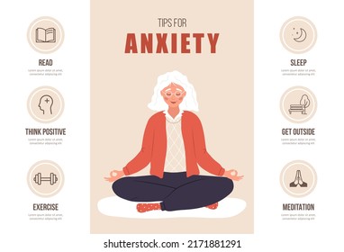 Consejos para la ansiedad. Concepto de salud mental. Feliz anciana meditando en la posición del loto. Infografía de psicoterapia. Trastorno de la sangre. Ilustración vectorial al estilo de las caricaturas planas.