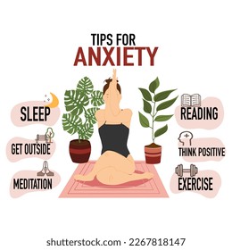 TIPS FOR ANXIETY. Mental health concept. Infographic of psychology help. anxiety management. Self care concept, Happy woman love herself. Mental Health Infographics