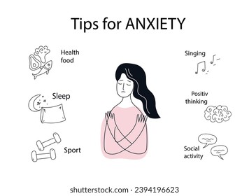 Tips for anxiety. Woman with anxiety disorder. Mental health concept. Vector doodle line illustration.