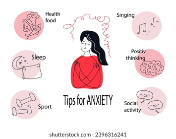 Consejos para la ansiedad. Mujer con trastorno de ansiedad. Concepto de salud mental. Ilustración de la línea del doodle vectorial.